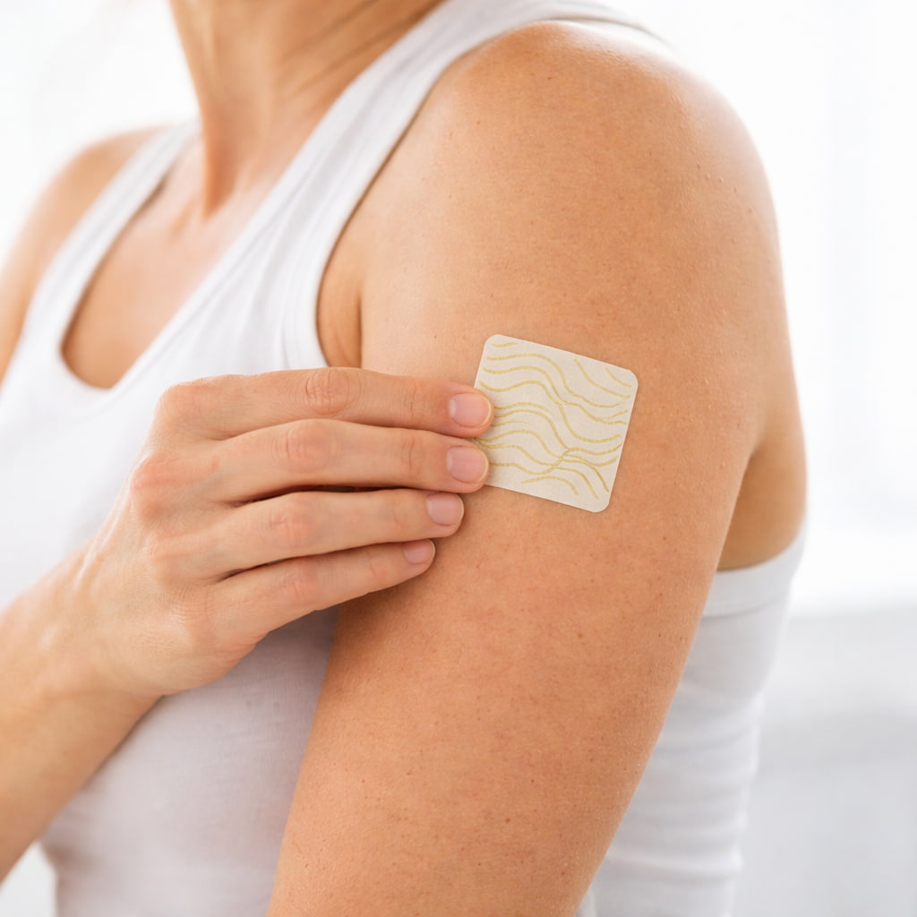 person applying TrimPure patch on arm for natural weight loss fat burning and metabolism support