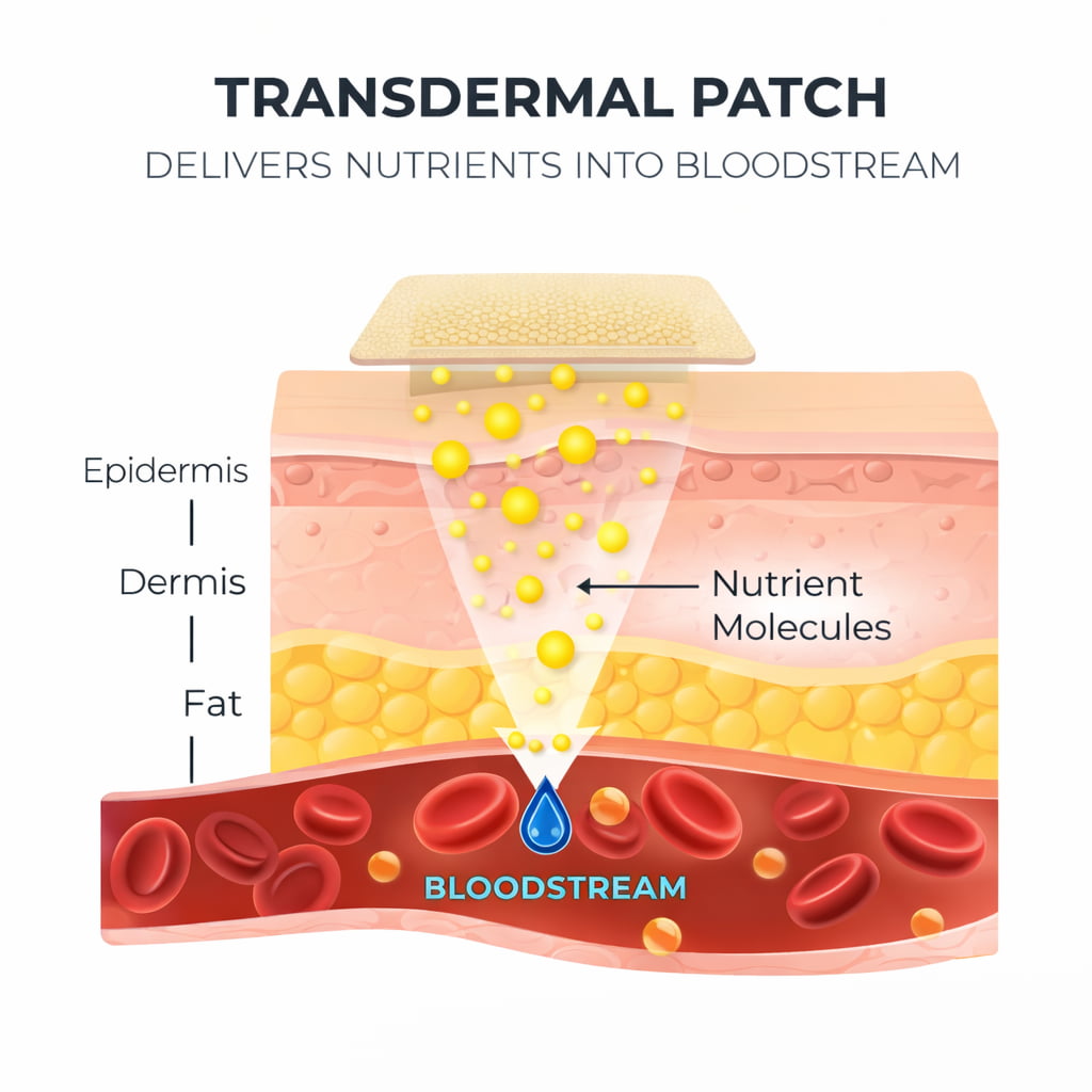 TrimPure patch working mechanism diagram showing transdermal nutrient delivery into bloodstream for fat burning and metabolism support
