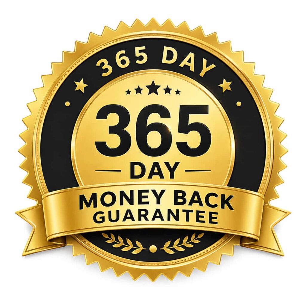 KundaliniFlow 365 day money back guarantee badge showing official refund policy and risk free purchase protection