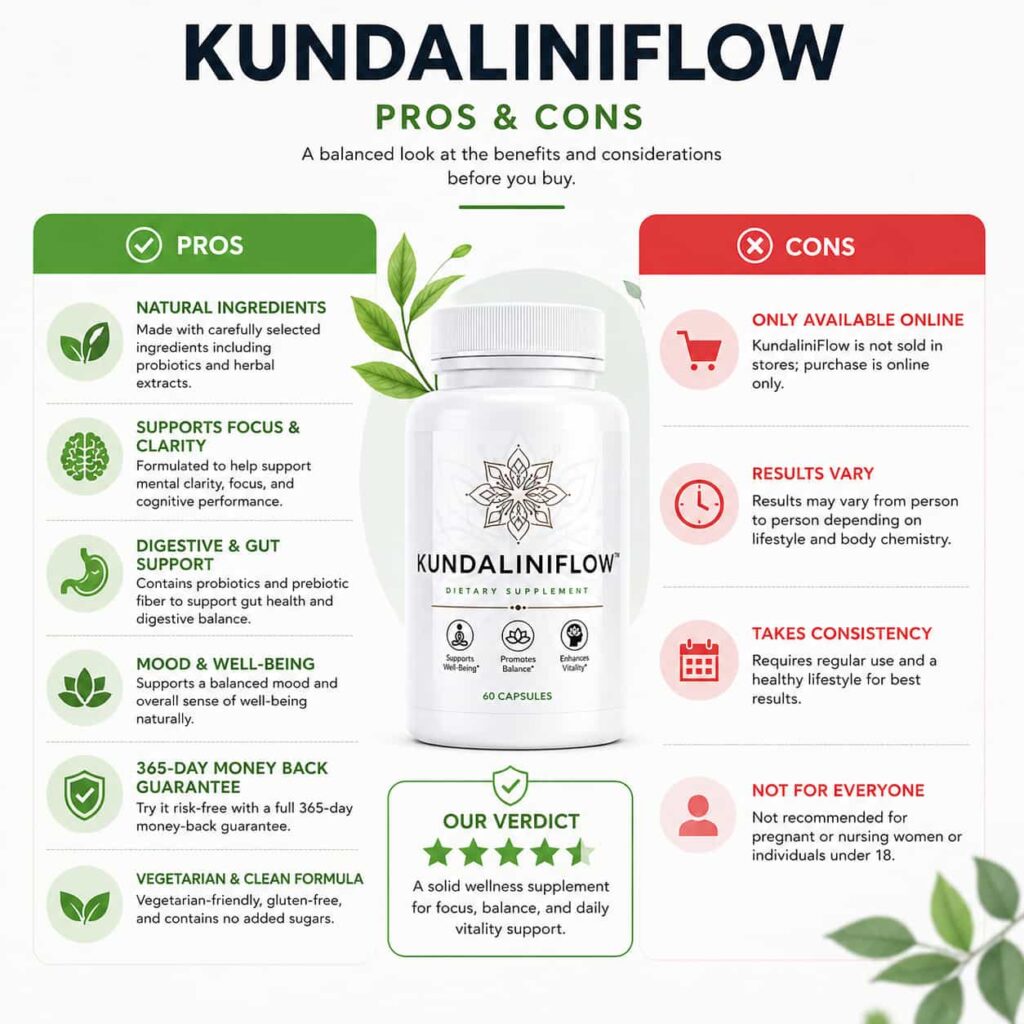 KundaliniFlow pros and cons infographic comparing supplement benefits drawbacks and review highlights