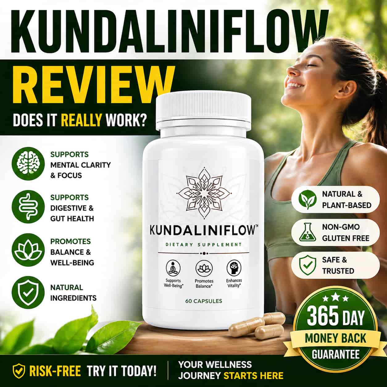 KundaliniFlow review featured image showing supplement bottle benefits and 365 day money back guarantee for focus wellness support