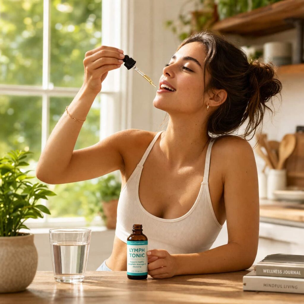 LYMPH TONIC review person using herbal dropper supplement daily detox routine natural lymphatic support immune health