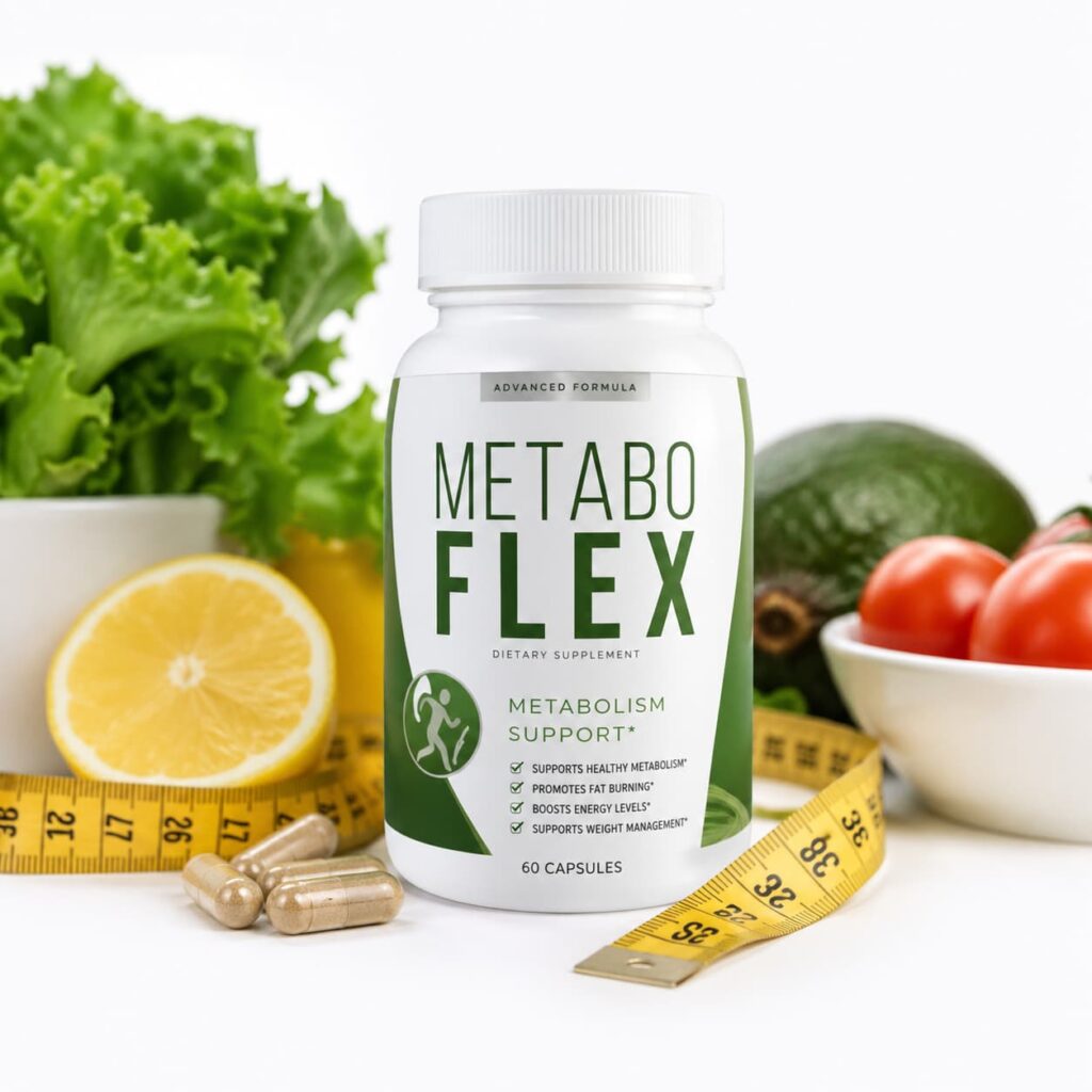 Metabo Flex review supplement bottle with metabolism support formula beside healthy foods and measuring tape for weight loss support