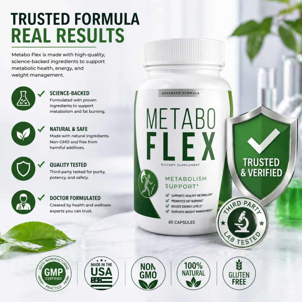 Metabo Flex review trust verification graphic showing supplement bottle with quality tested and trusted formula badges