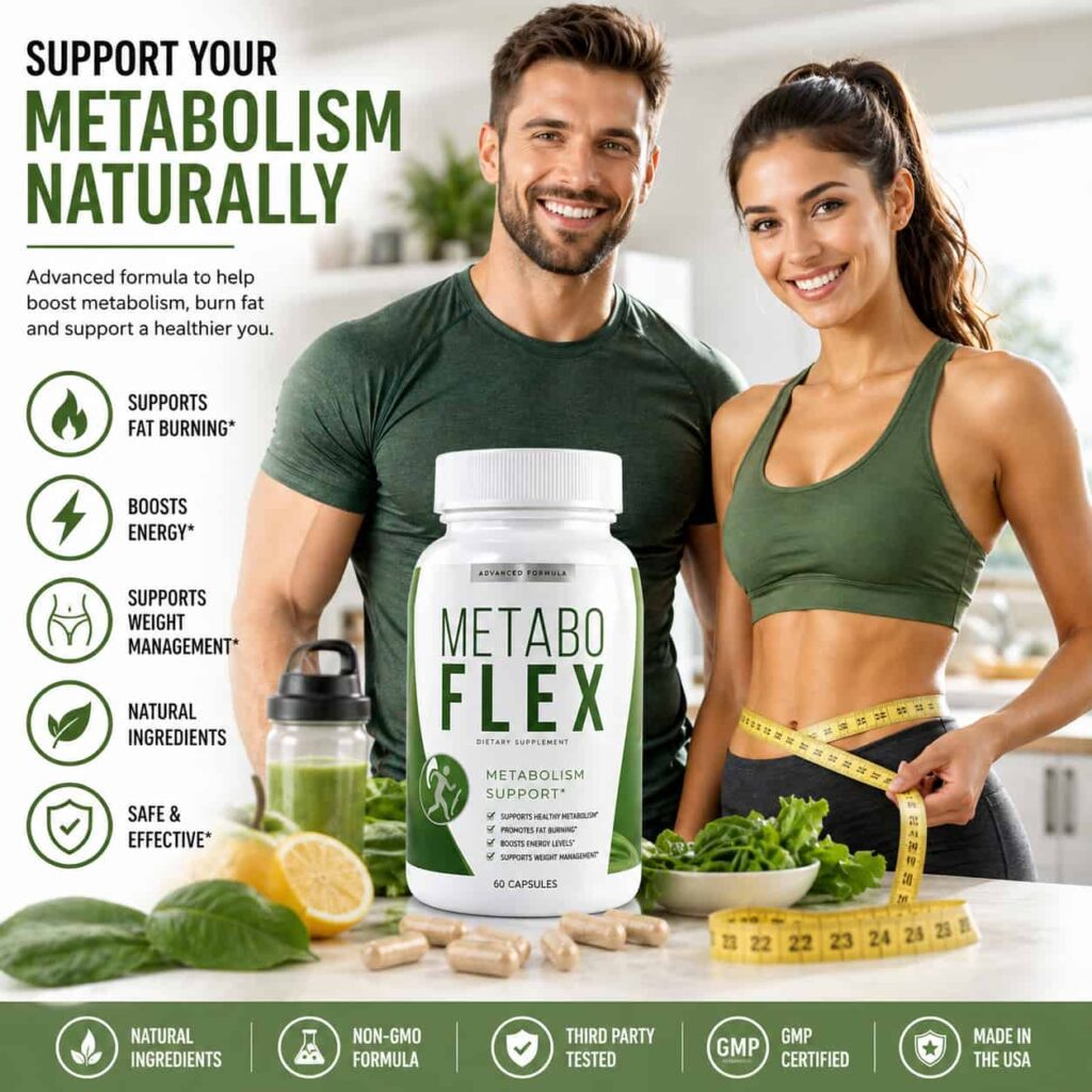 Metabo Flex review healthy fit man and woman with supplement bottle showing weight loss and metabolism support concept