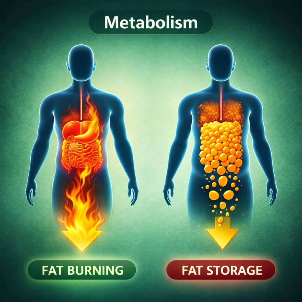 metaboflex review metabolism fat burning vs fat storage illustration human body weight loss concept