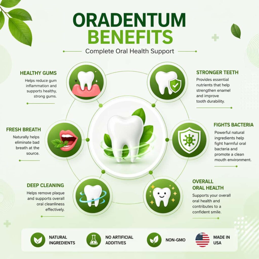 Oradentum benefits infographic showing gum health fresh breath stronger teeth and natural oral care support