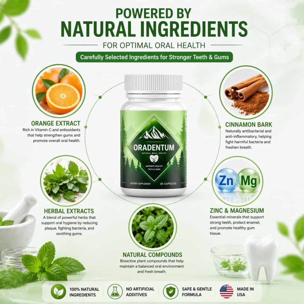 Oradentum ingredients natural oral health supplement with cinnamon orange zinc magnesium for healthy teeth and gums