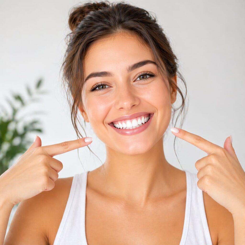 happy person with white teeth after using Oradentum oral health supplement fresh breath healthy gums result
