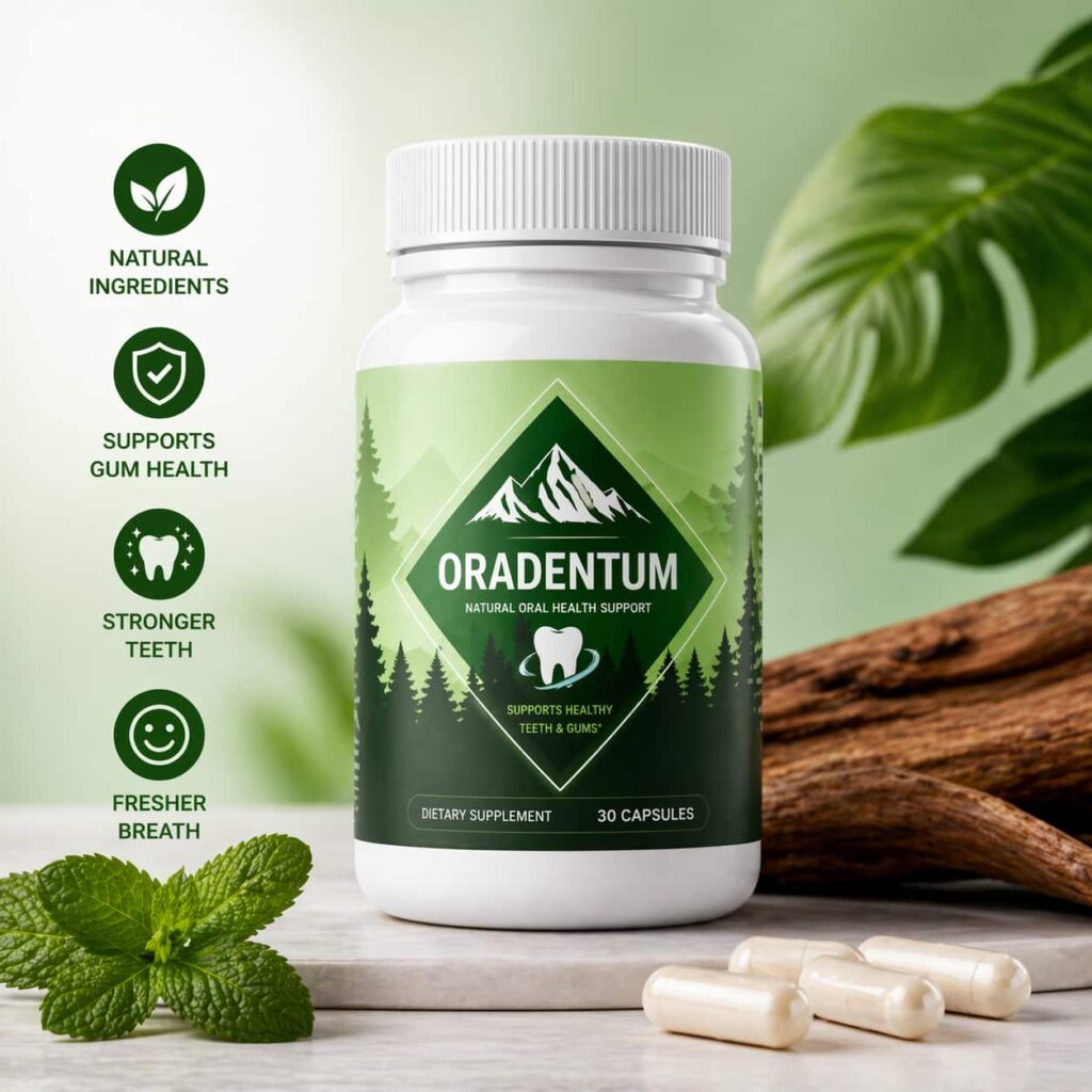 Oradentum supplement bottle green label oral health product for strong teeth fresh breath and healthy gums