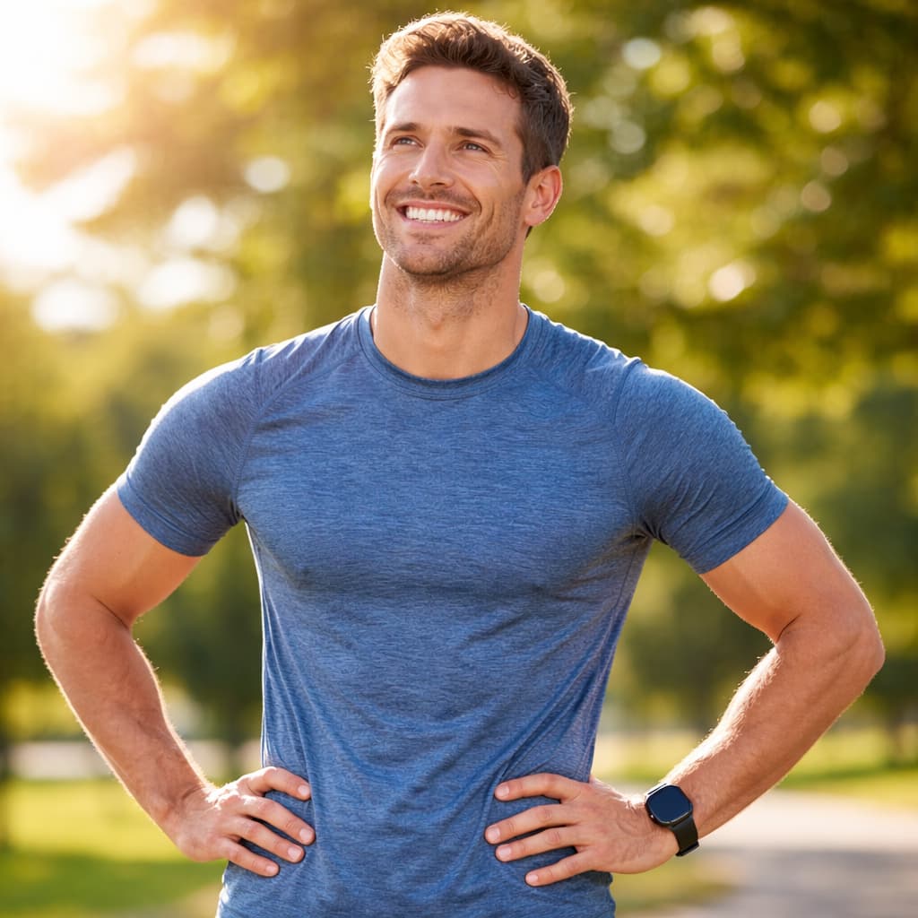 man with improved energy confidence after using Primordial Vigor X male health supplement
