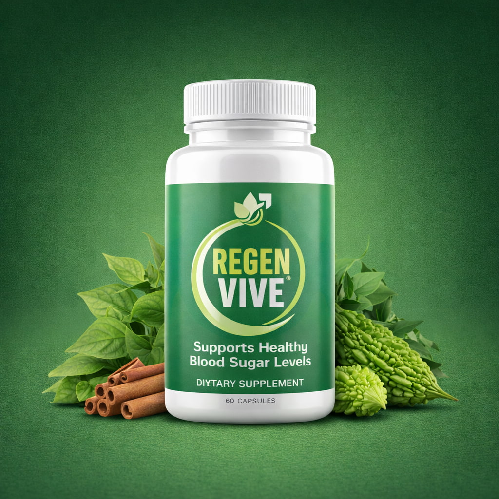 RegenVive review supplement bottle for blood sugar support with natural herbs and green background