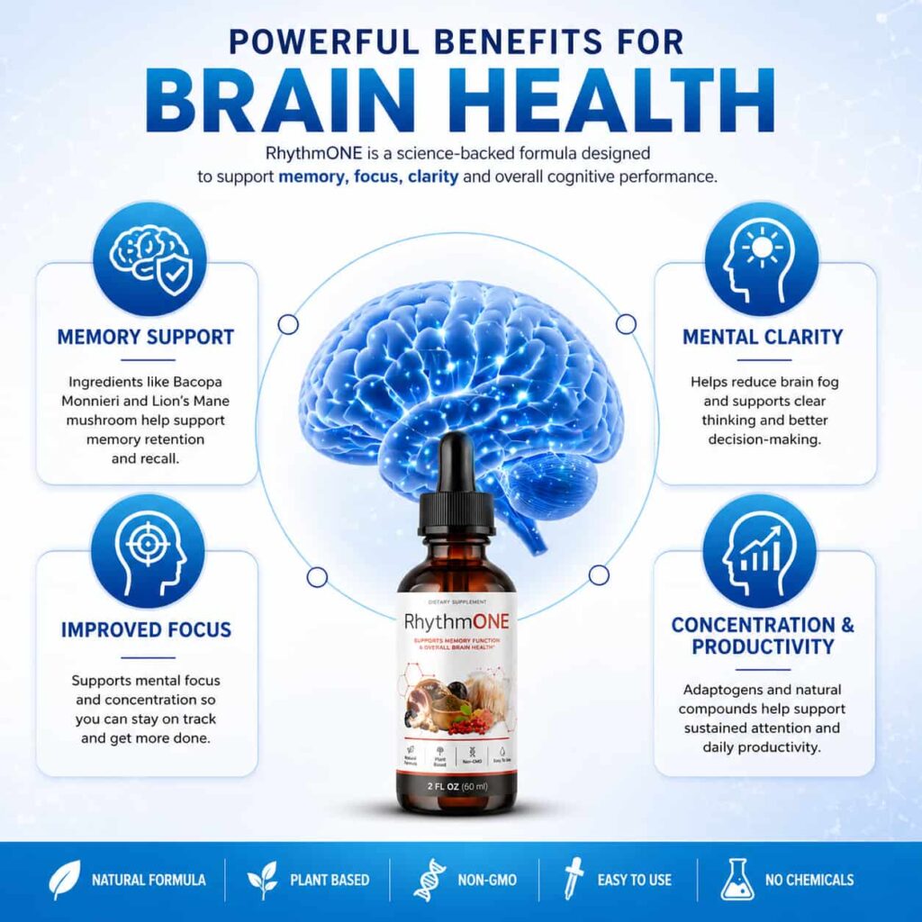 RhythmONE review brain health benefits infographic showing memory focus clarity and concentration support