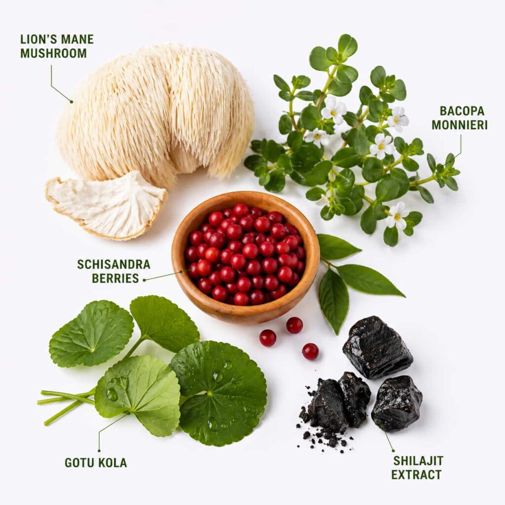 RhythmONE ingredients including Lion’s Mane mushroom Bacopa Monnieri Schisandra berries Gotu Kola and Shilajit extract