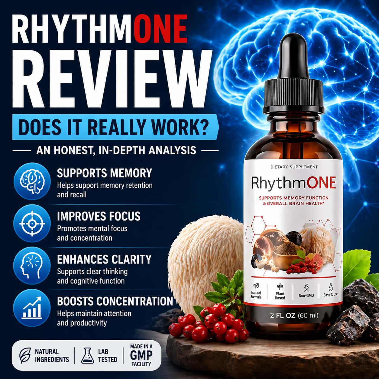RhythmONE review featured image showing brain support supplement for memory focus clarity and cognitive health
