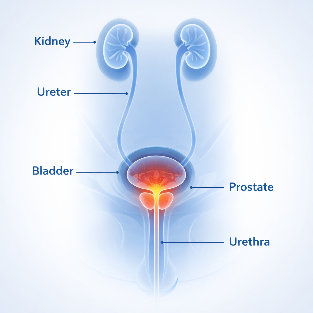 human prostate diagram labeled urinary system bladder urethra prostate gland Steel Flow Pro review prostate health infographic