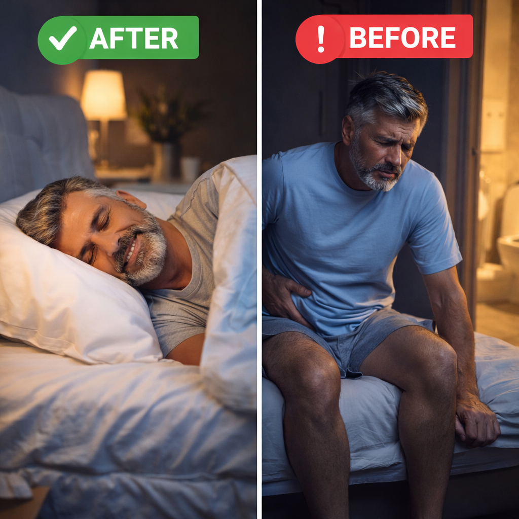 before after prostate health improvement man sleeping peacefully vs frequent urination night Steel Flow Pro review results