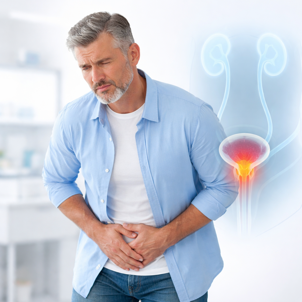 middle aged man prostate pain symptoms lower abdomen discomfort urinary problem Steel Flow Pro review prostate health concept