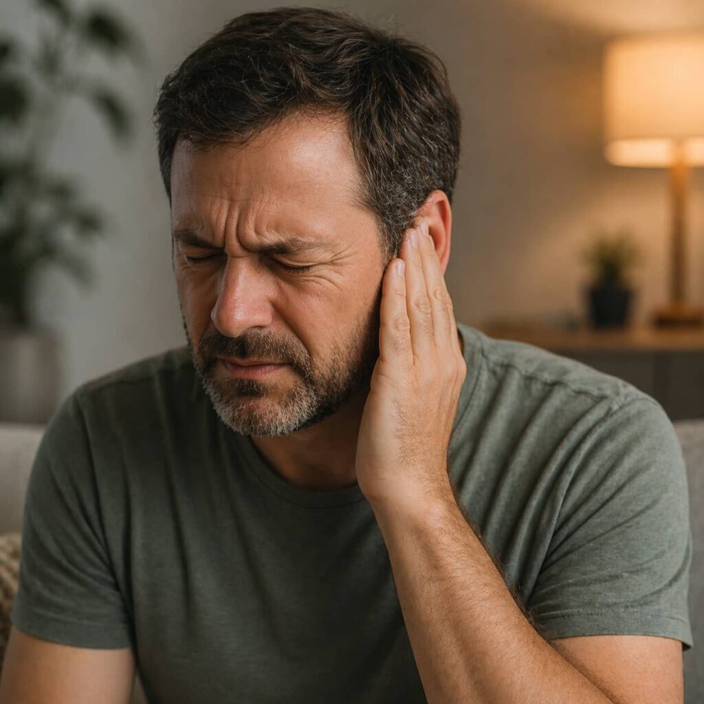 person experiencing ear ringing tinnitus discomfort holding ear symptom hearing problem CerebroZen review concept