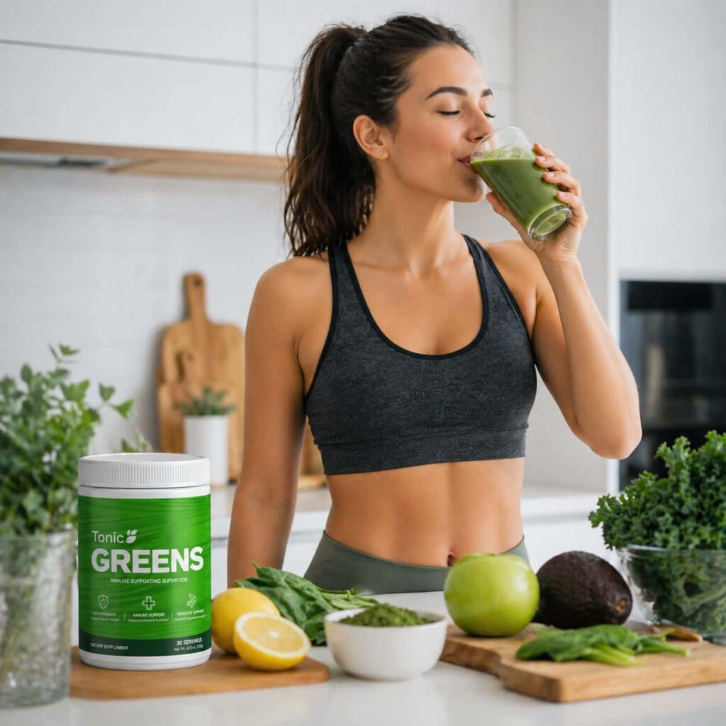 Healthy adult drinking TonicGreens superfood shake in kitchen for immune support digestion and daily wellness