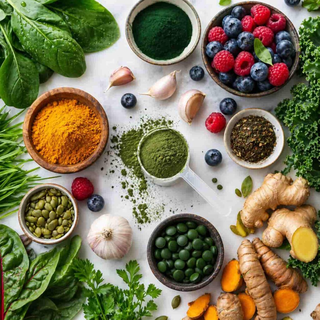 TonicGreens ingredients including turmeric spirulina garlic berries leafy greens and herbal superfoods for immune support