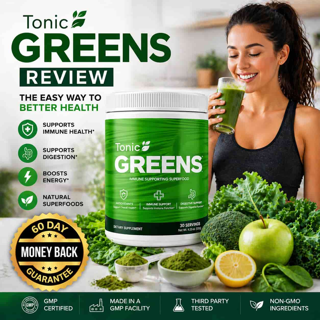 TonicGreens review featured image showing greens powder supplement for immune support digestion energy and daily wellness