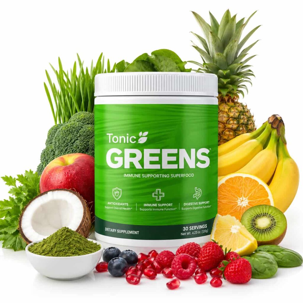 TonicGreens review supplement jar with fresh fruits vegetables and leafy greens premium immune support superfood powder