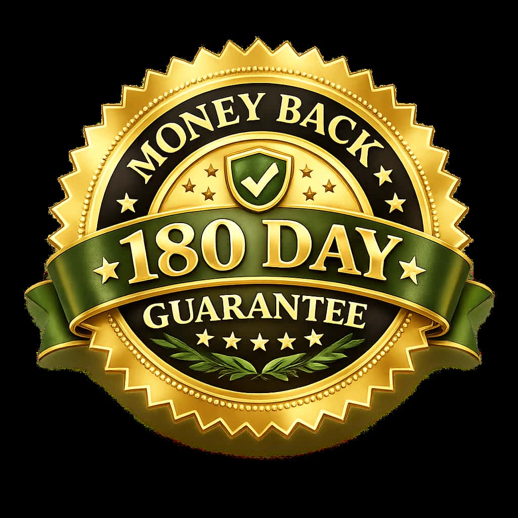 VidaCalm review 180 day money back guarantee badge showing refund policy and risk free supplement purchase