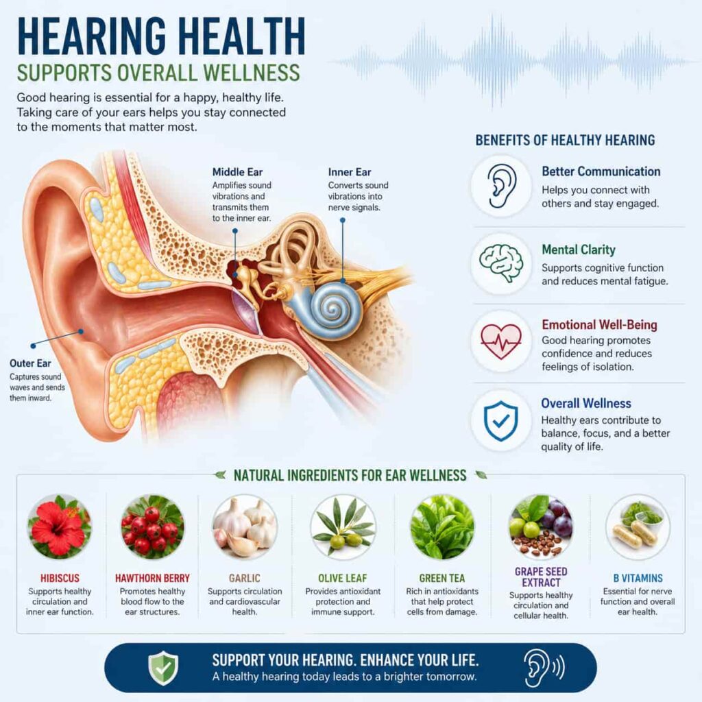 VidaCalm review ear anatomy hearing health infographic showing auditory wellness and inner ear support concept