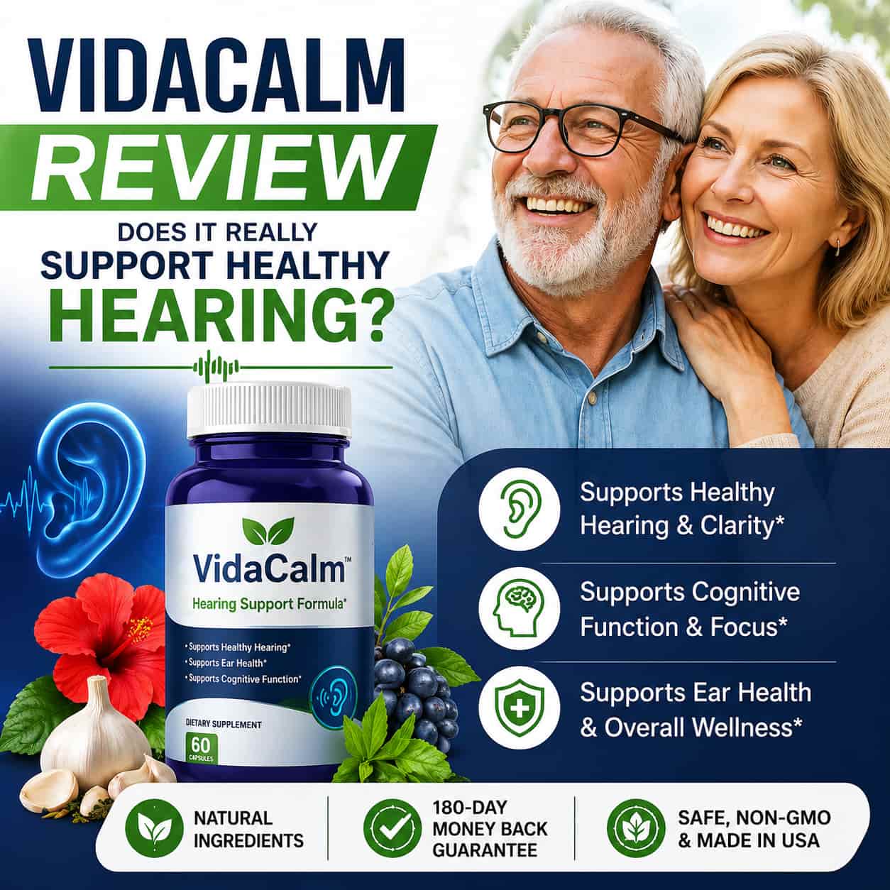 VidaCalm review featured image showing hearing support supplement bottle with senior couple and healthy hearing wellness concept