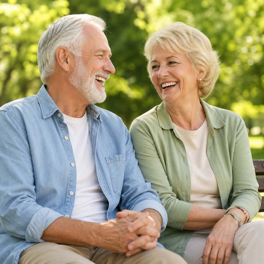 VidaCalm review hearing support supplement concept with happy senior couple enjoying clear conversation outdoors and healthy hearing wellness lifestyle