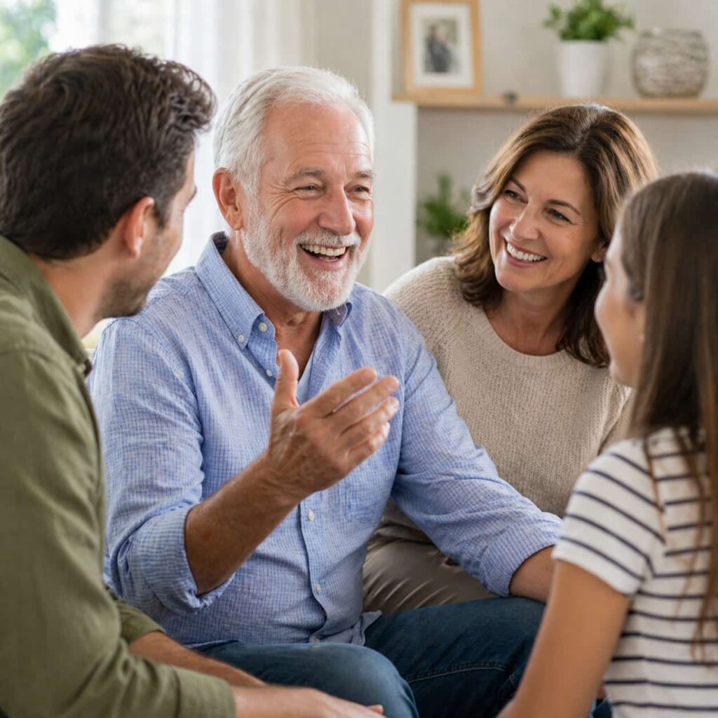 VidaCalm review happy older adult talking with family indoors representing improved hearing wellness and auditory support