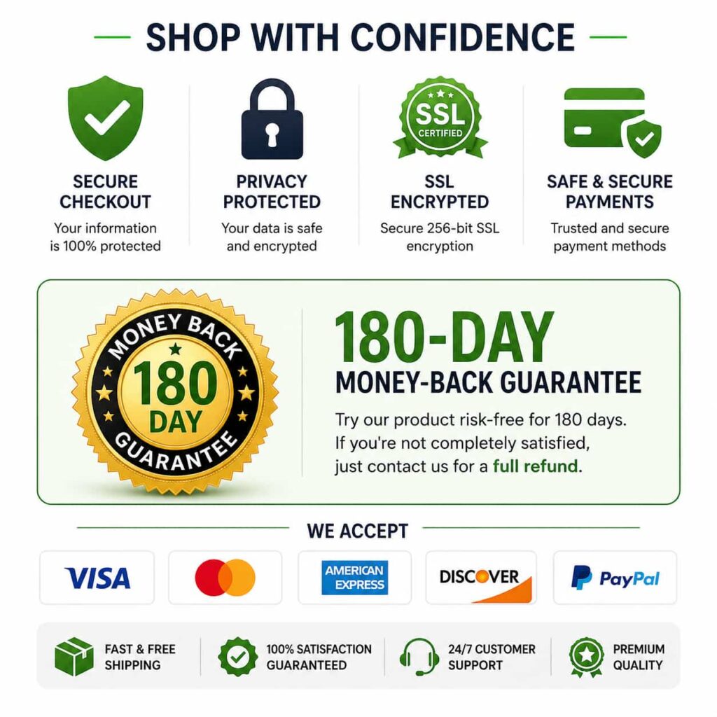 VidaCalm review trust badges secure checkout refund guarantee ecommerce graphic for safe supplement purchase