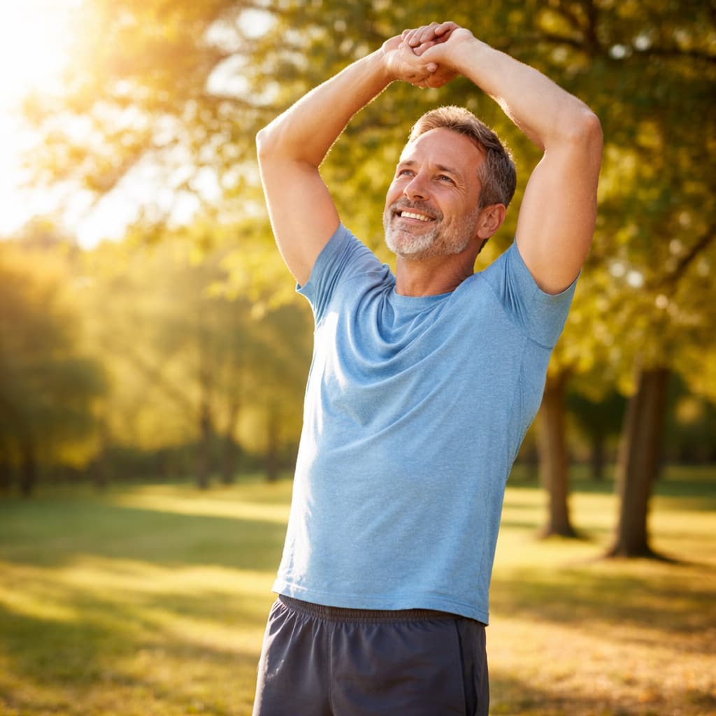 VitaMotion review showing middle aged person stretching comfortably pain free with improved joint mobility and flexibility support