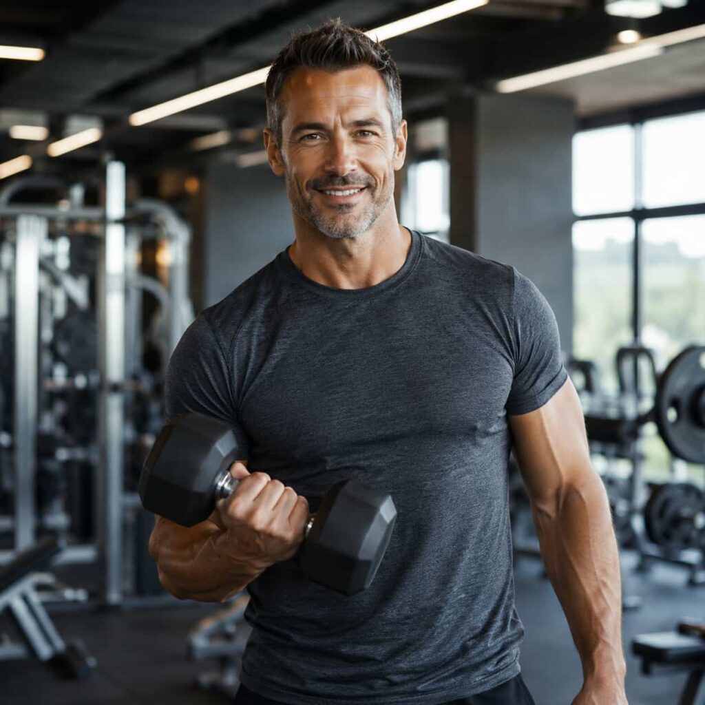 Confident middle aged man exercising in gym during Alpha Fuel Pro review for male vitality, stamina and energy support