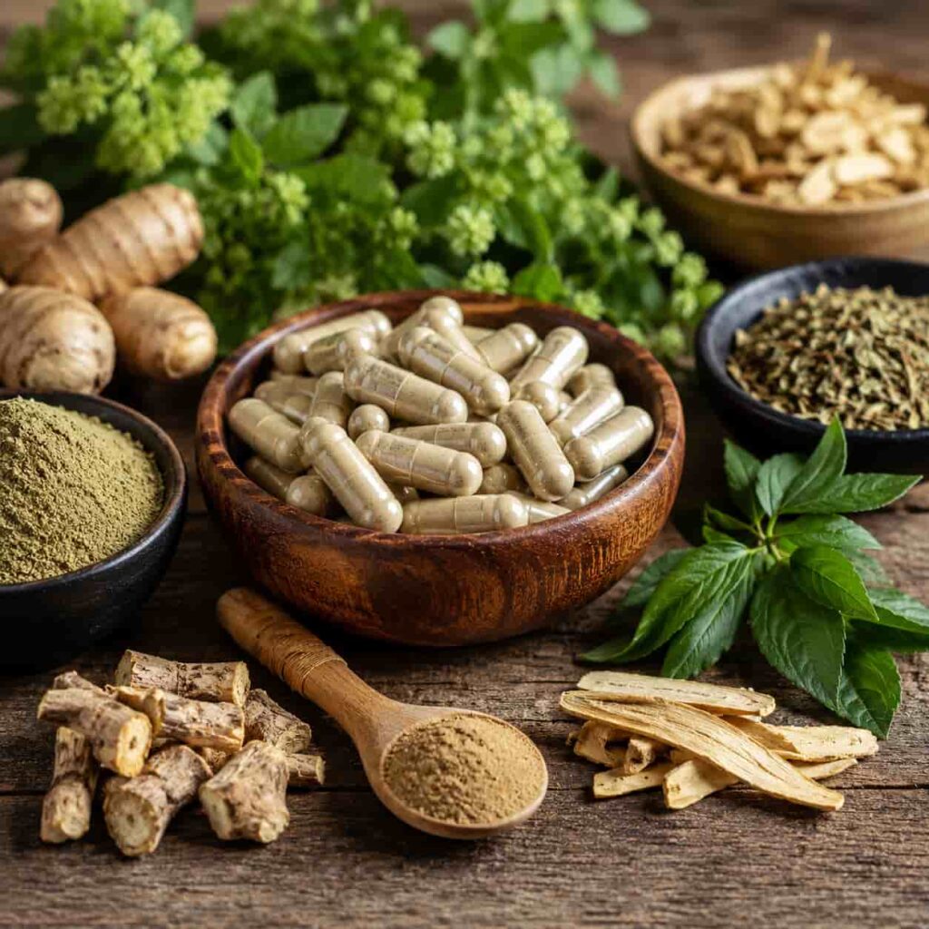 Natural herbal ingredients and capsules used in Alpha Fuel Pro review for male vitality, stamina and testosterone support