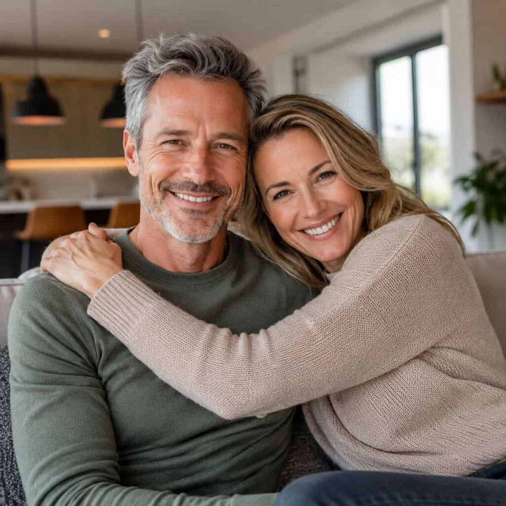 Happy mature couple smiling together during Alpha Fuel Pro review representing confidence, vitality and healthy relationship support