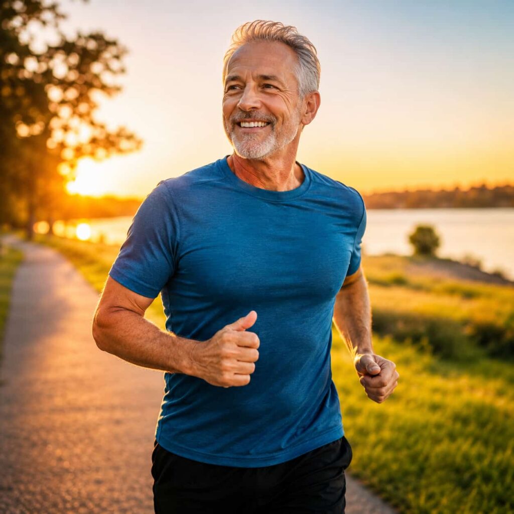 Healthy senior man jogging outdoors to support prostate health and active aging lifestyle