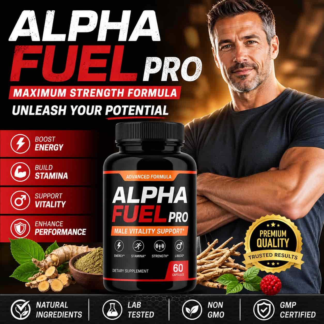 Alpha Fuel Pro review featured image showing male vitality supplement for energy, stamina, testosterone support and men’s wellness