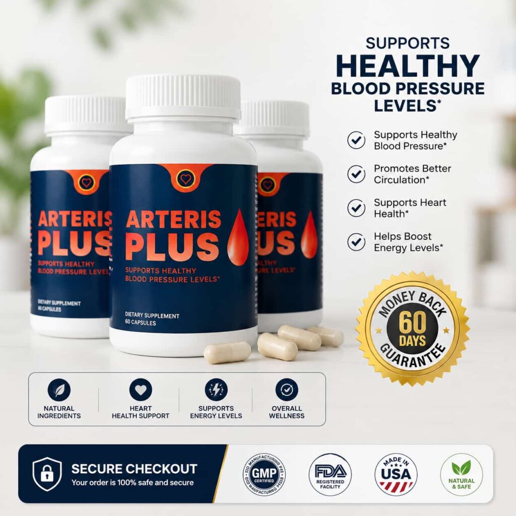 Arteris Plus supplement bottles with secure checkout and 60 day money back guarantee for natural blood pressure support