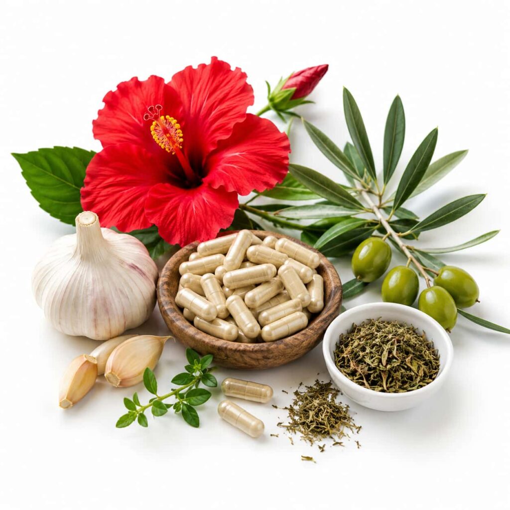 Natural heart health ingredients used in Arteris Plus including garlic hibiscus olive leaf herbs and capsules for blood pressure support