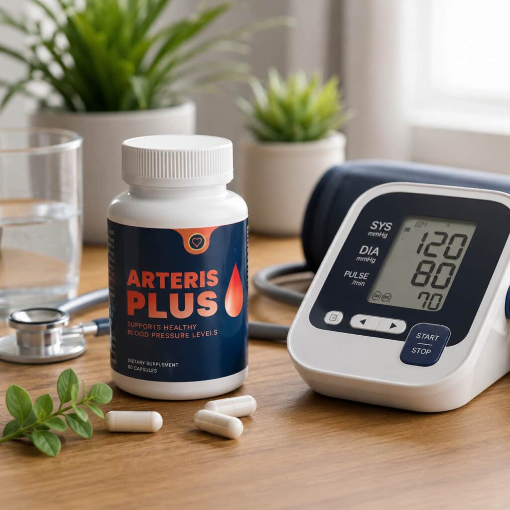 Arteris Plus review supplement bottle beside digital blood pressure monitor for natural heart health and healthy blood pressure support
