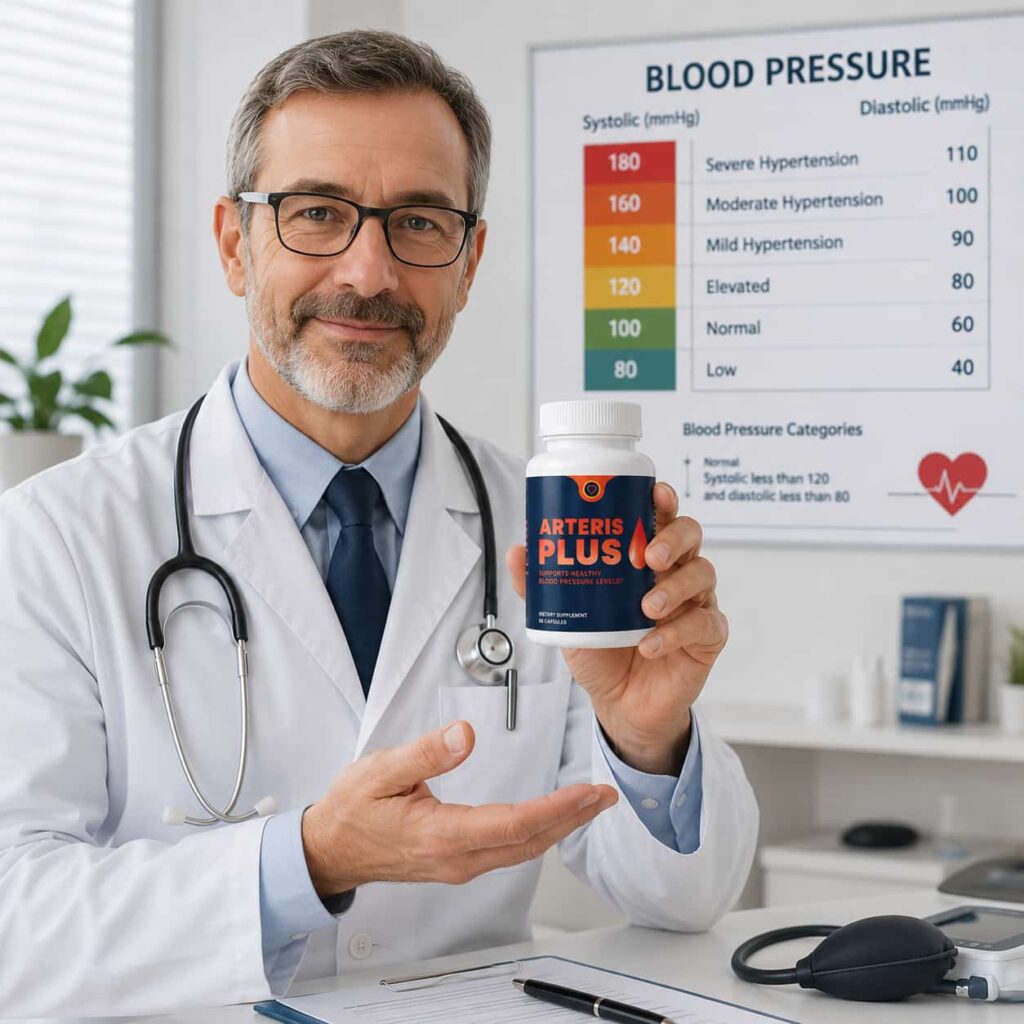 Doctor holding Arteris Plus supplement bottle with blood pressure chart for natural heart health and cardiovascular support