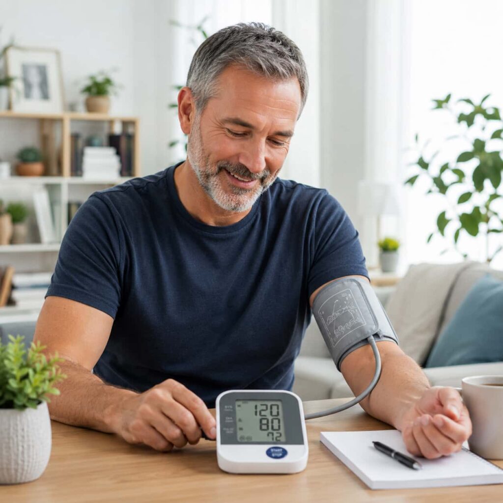 Middle aged man checking blood pressure at home while using natural heart health support supplement Arteris Plus