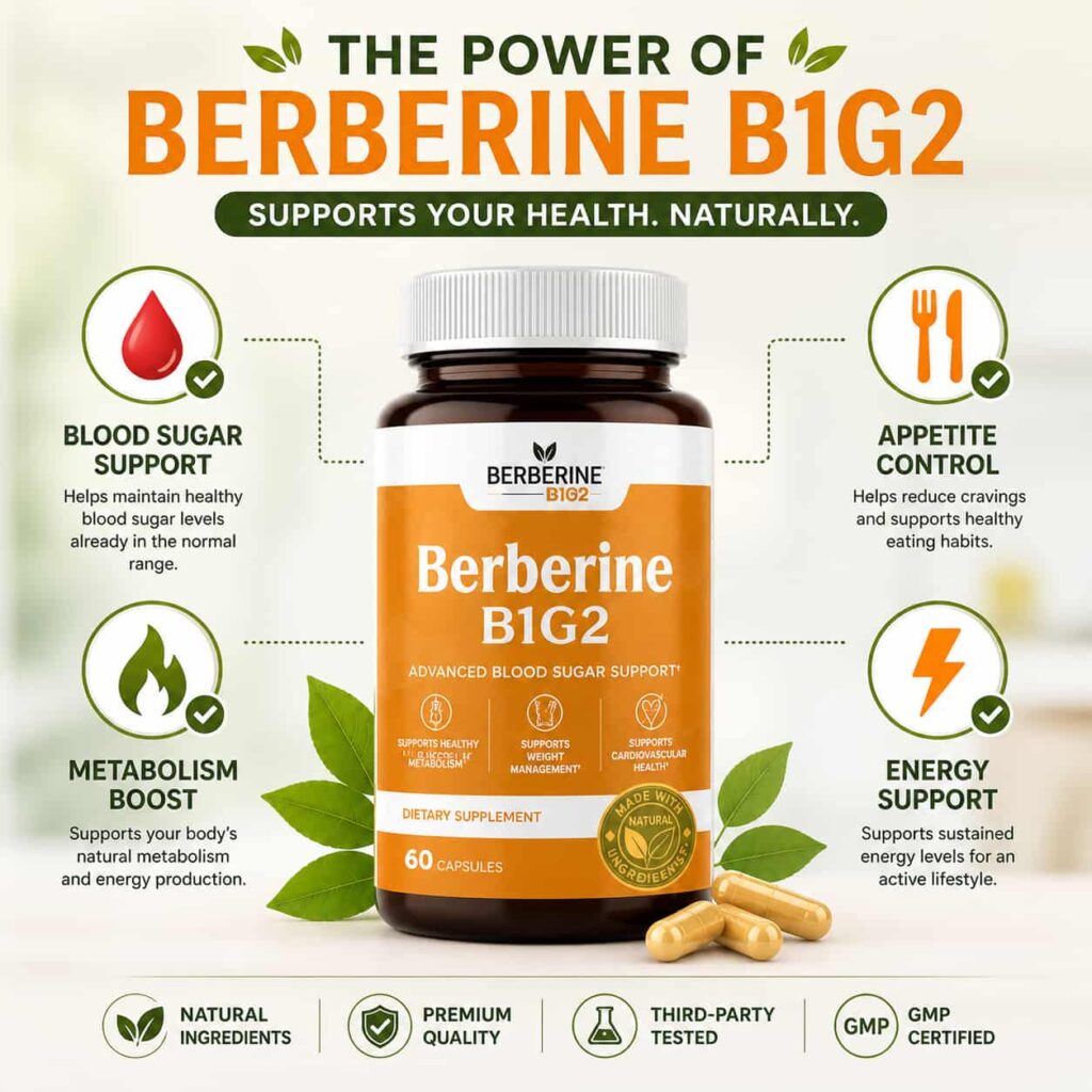 Berberine B1G2 benefits infographic showing blood sugar support metabolism boost appetite control and energy support