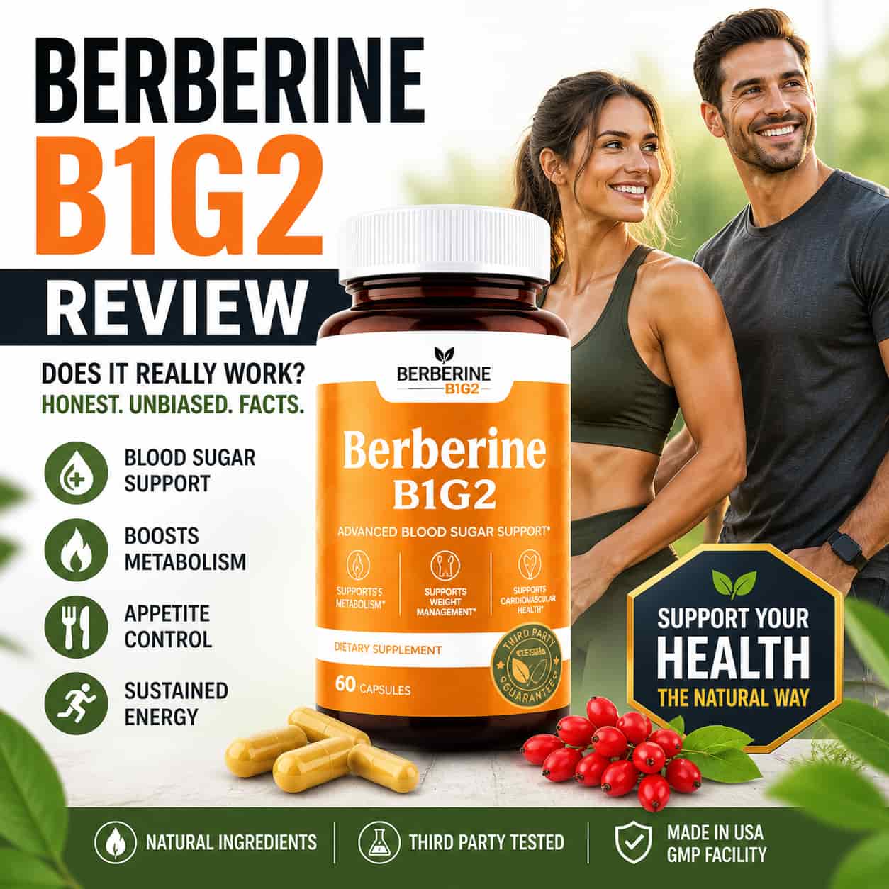Berberine B1G2 review featured image showing supplement bottle and health benefits for blood sugar support metabolism and appetite control