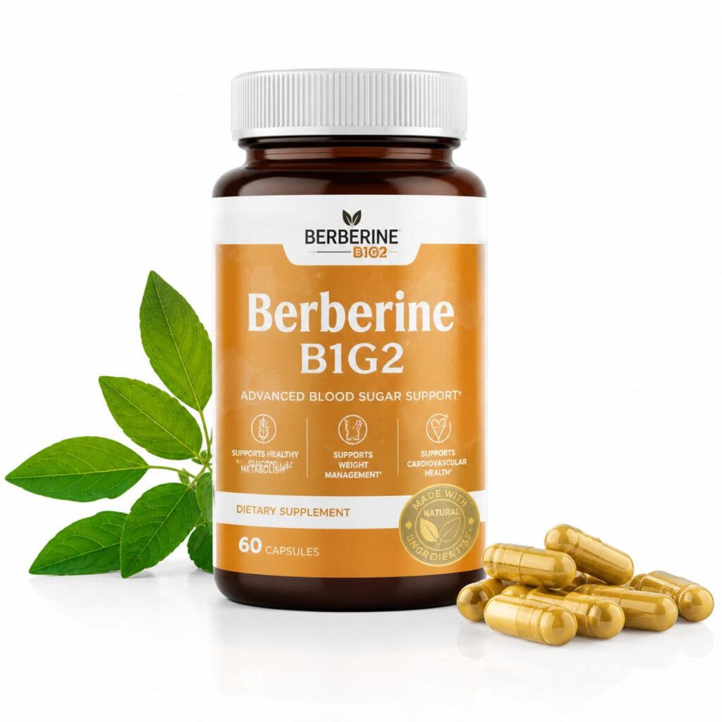 Berberine B1G2 supplement bottle with capsules on white background for blood sugar support and metabolism wellness