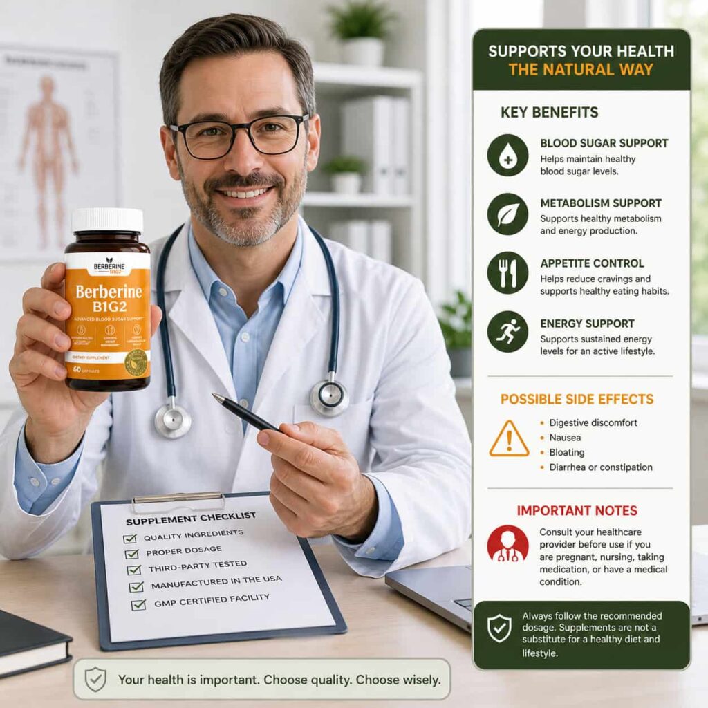 Doctor explaining Berberine B1G2 side effects and supplement safety in medical consultation