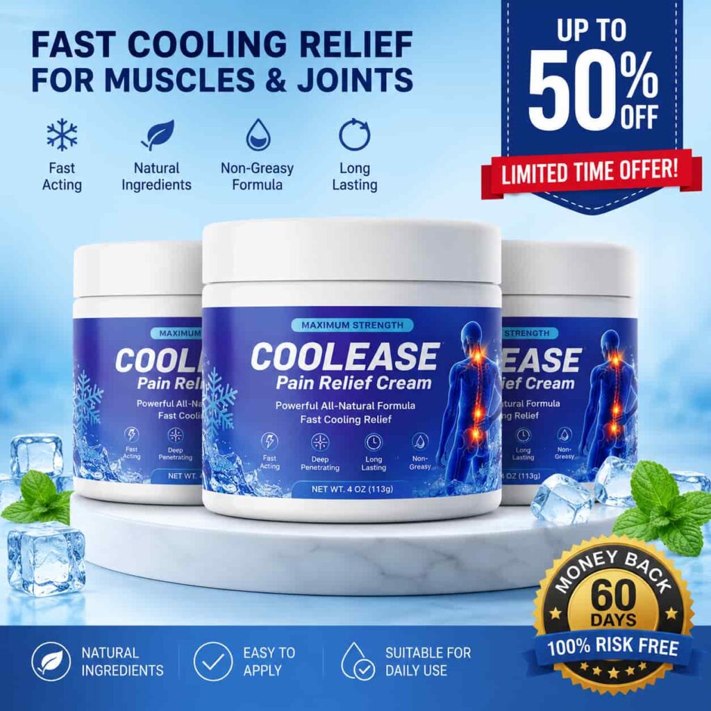 CoolEase cooling pain relief cream jars with discount offer and money back guarantee badge