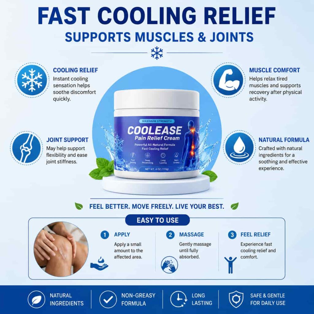 CoolEase infographic showing cooling relief joint support muscle comfort and easy topical application